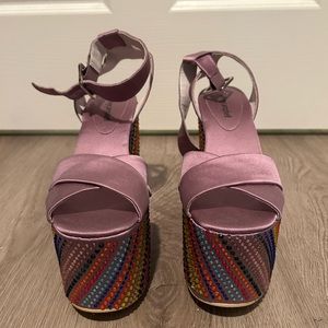 Jeffrey Campbell Lavender Pink Platform Sandals with Rainbow Rhinestone Heel
